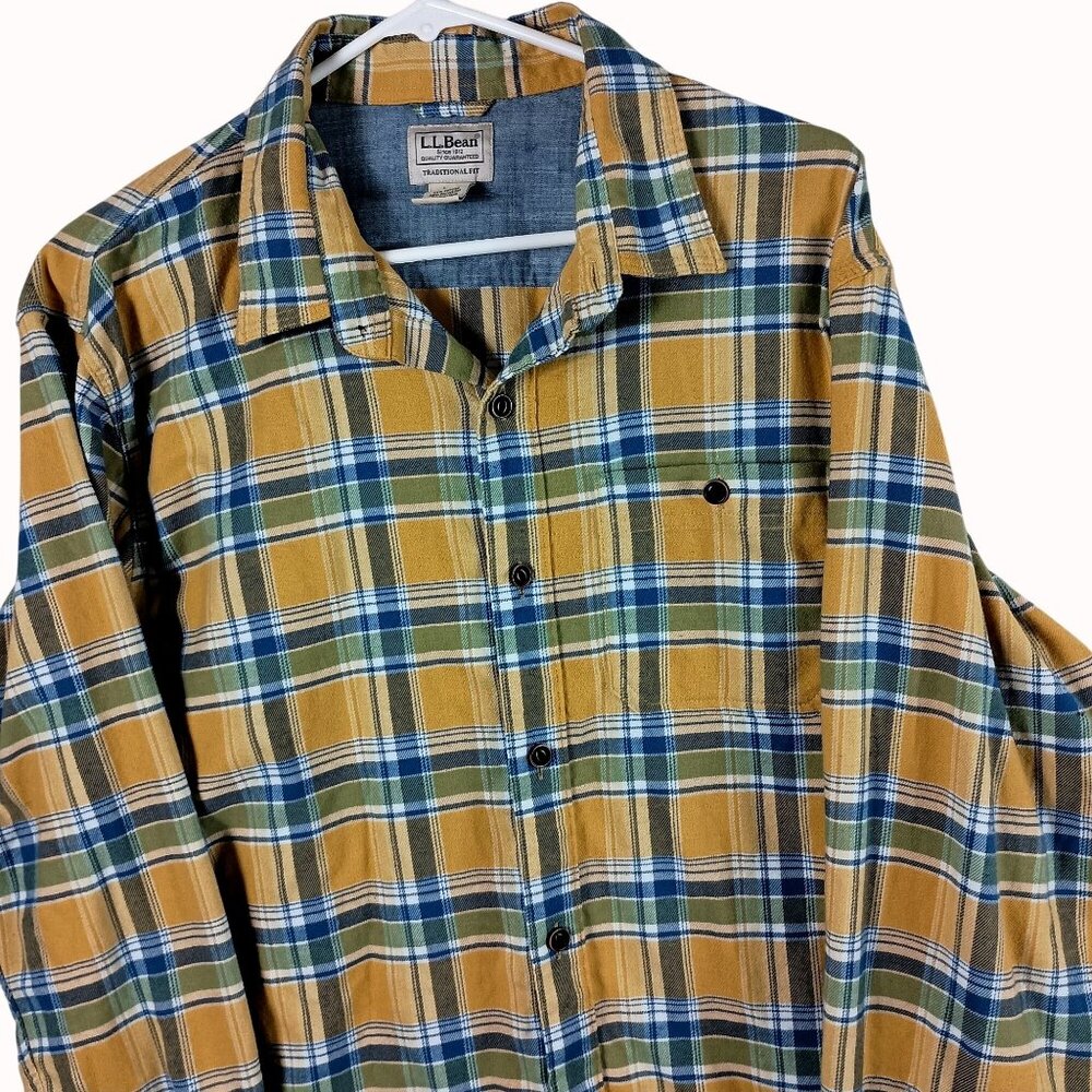 LL Bean Traditional Fit Plaid Flannel Shirt Mens L Yellow Blue Outdoor Gorpcore